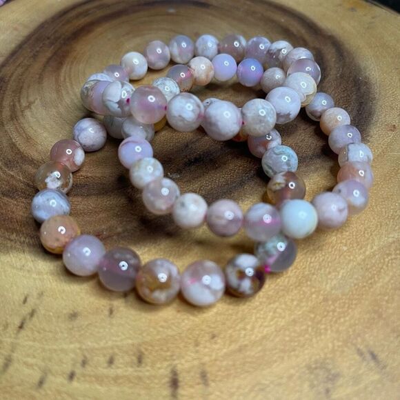 Pink green Flower Agate stretch beaded bracelet 7” crystal healing beads 8mm ONE - Picture 5 of 7